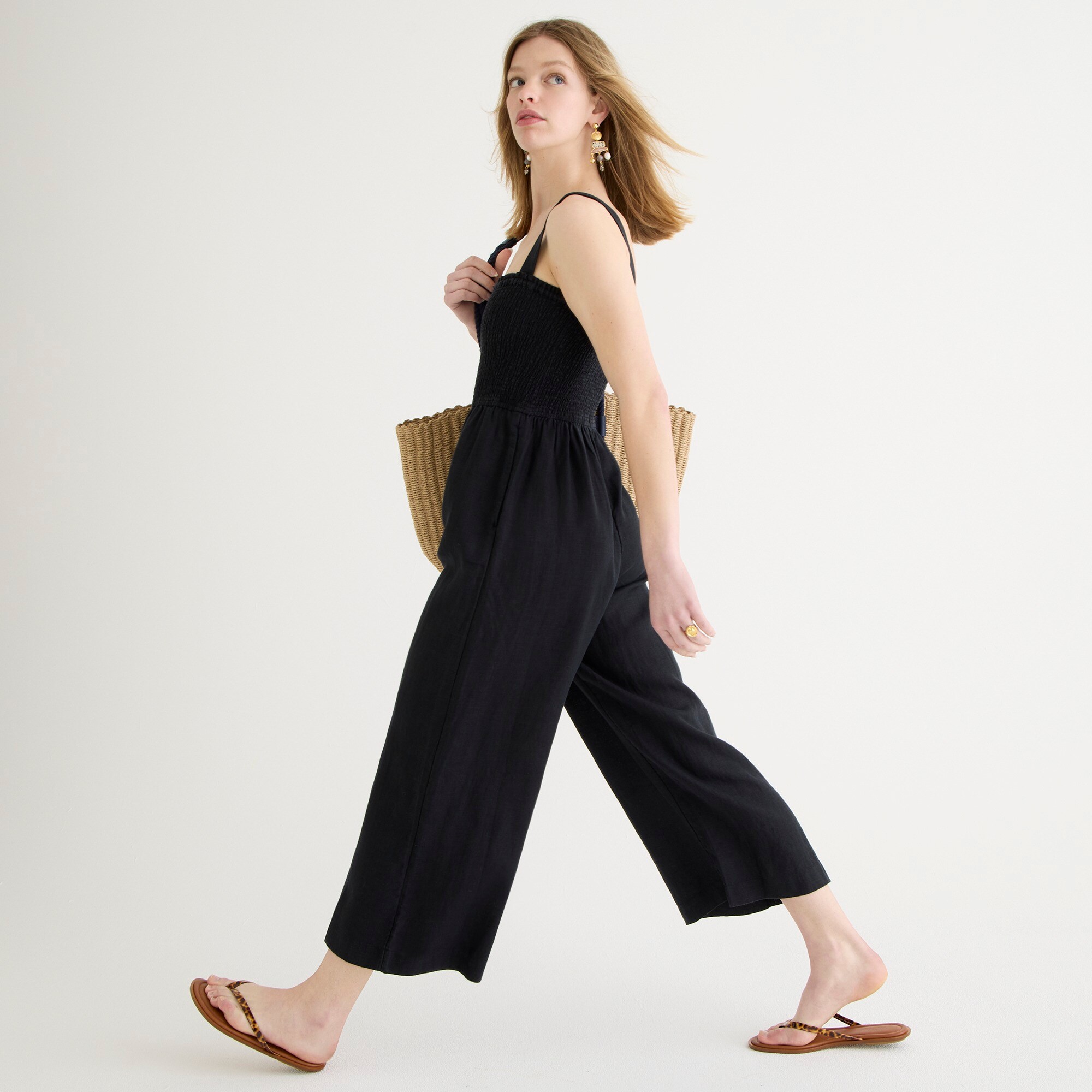 Green Washed Linen Smocked Jumpsuit main image 1
