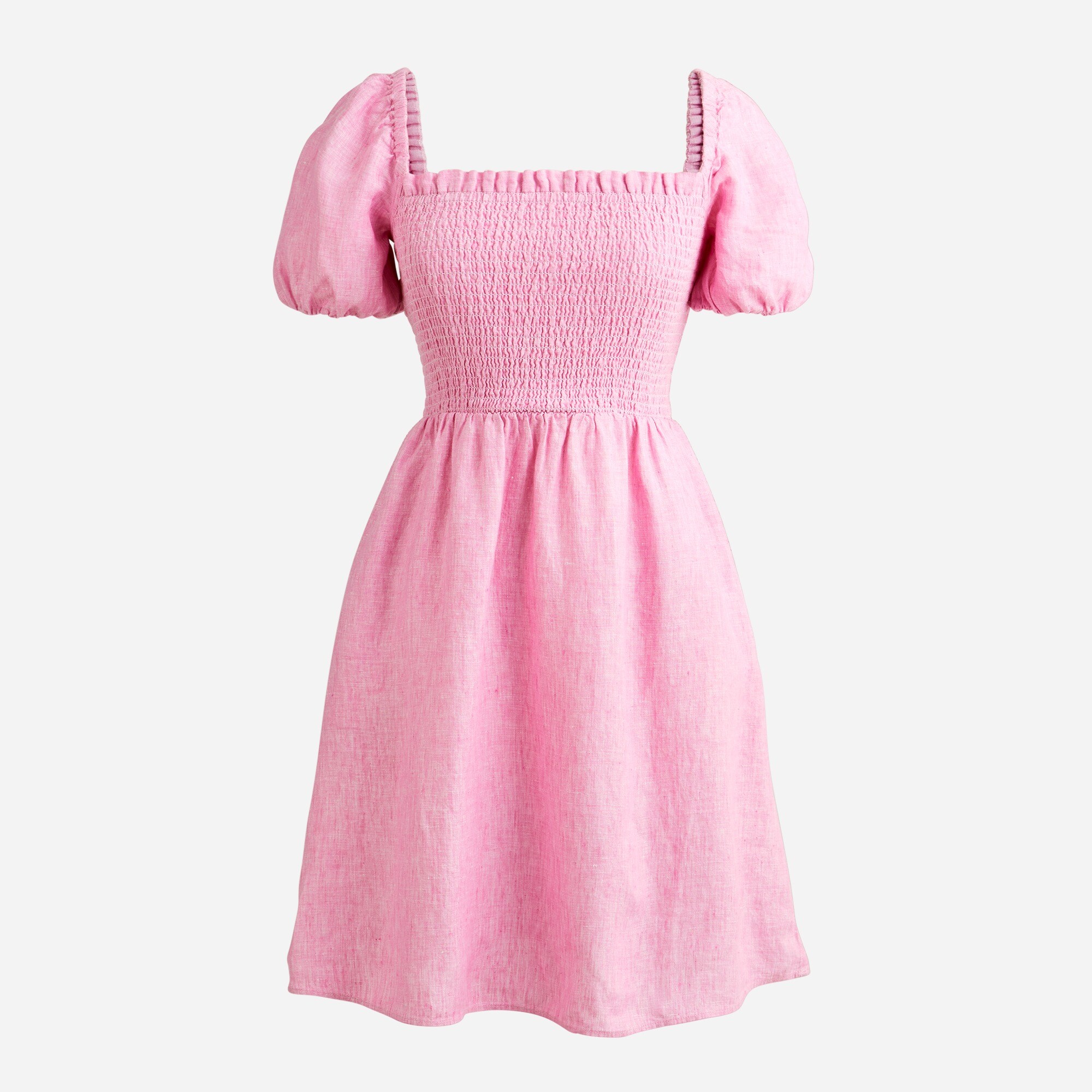 Puff-sleeve smocked linen mini dress