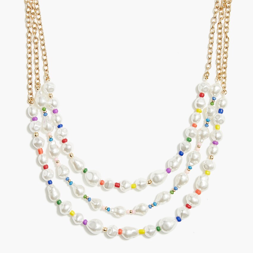 factory: three-layer pearl necklace with multicolored beads for women, right side, view zoomed