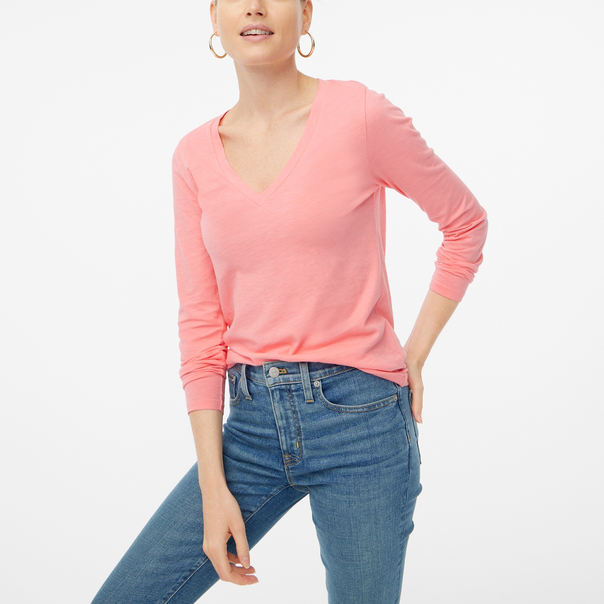 Long-sleeve vintage slub cotton V-neck tee