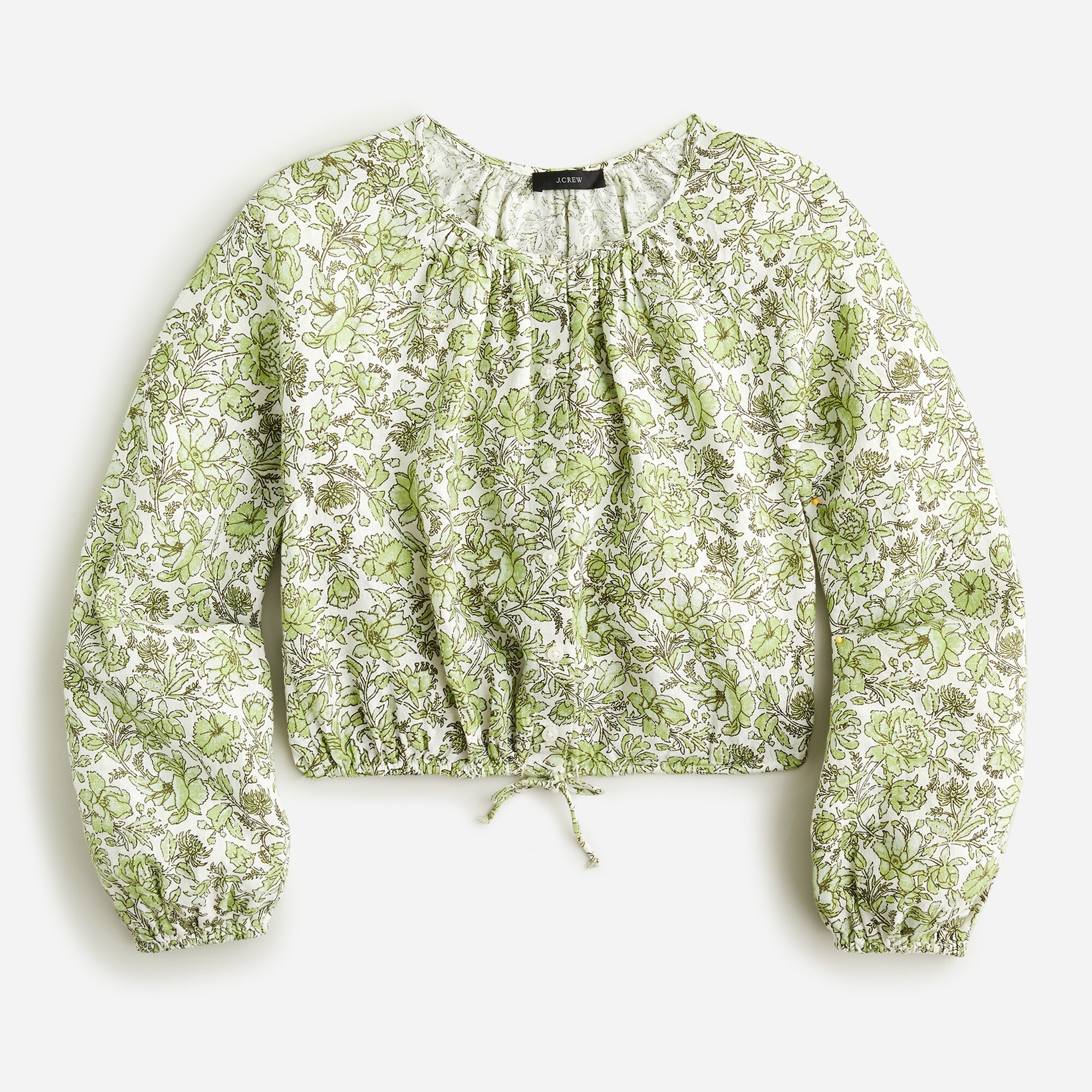 Long-sleeve linen cropped top in tossed floral