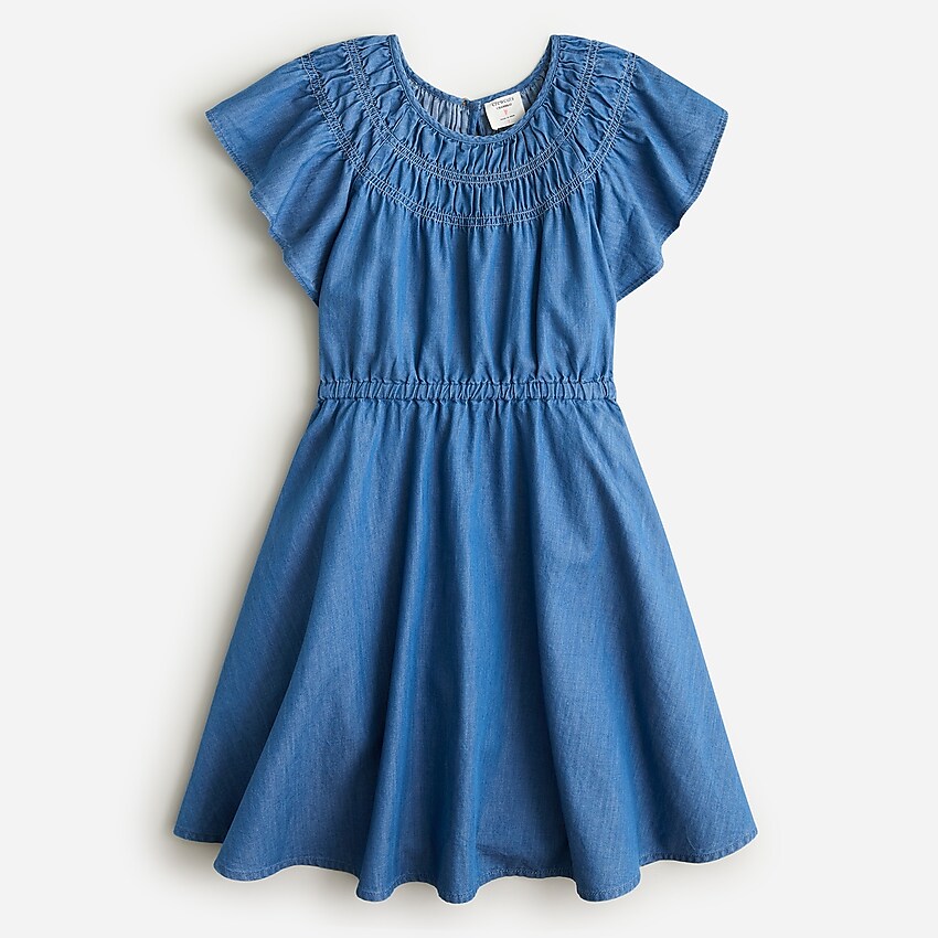 j.crew: girls' smocked flutter-sleeve dress in chambray for girls, right side, view zoomed