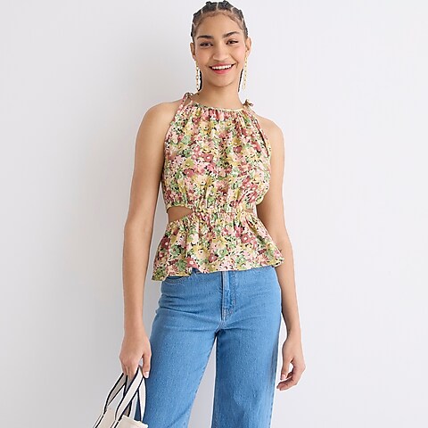 womens Cutout linen tank top in painterly floral