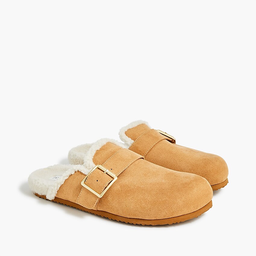 factory: sueded sherpa mules for women, right side, view zoomed