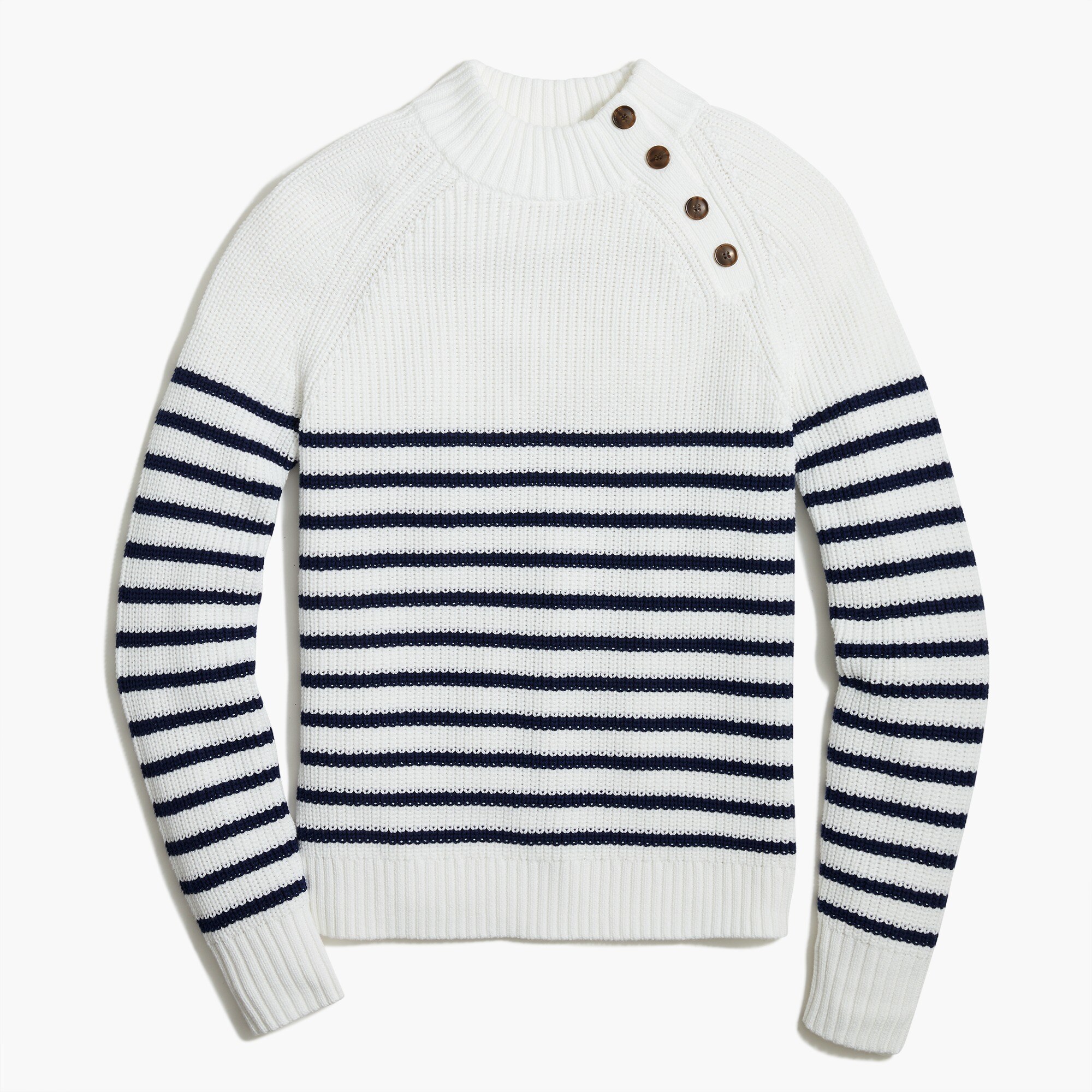 striped cotton button mockneck sweater for women