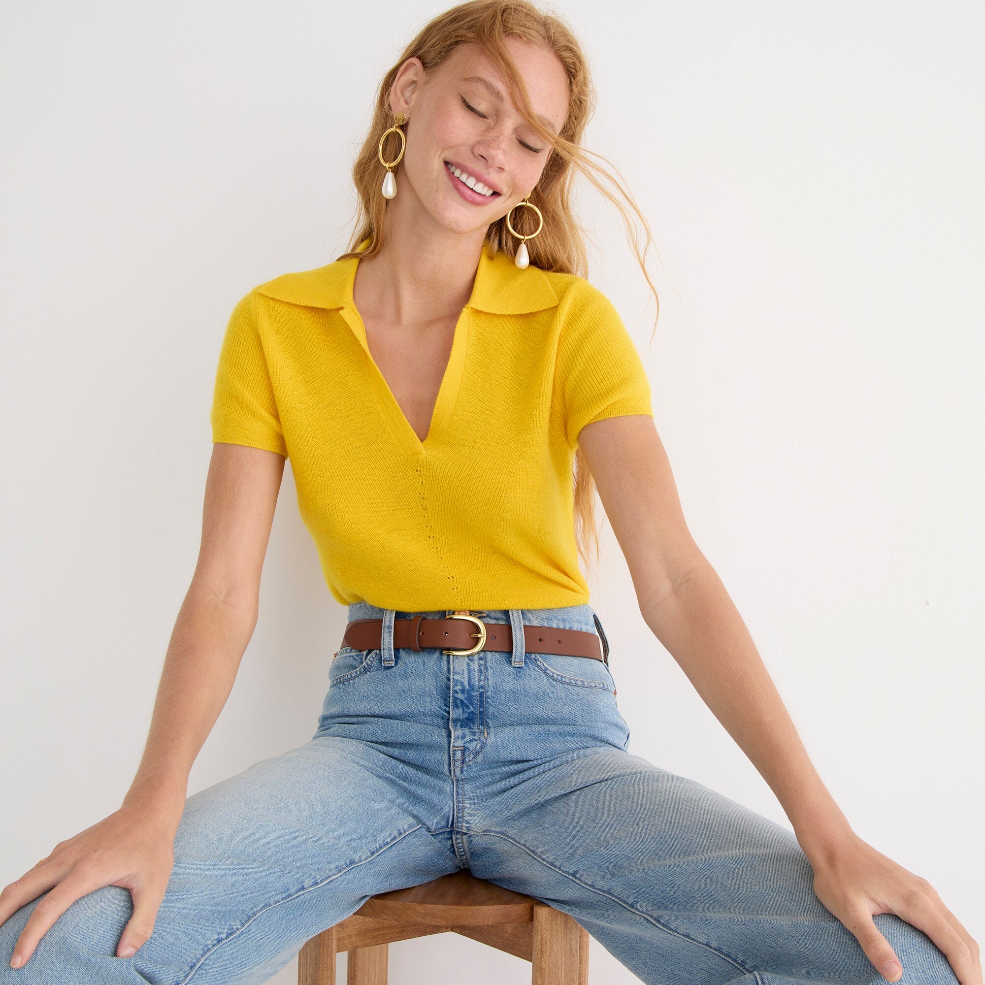 Featherweight cashmere collared short-sleeve sweater
