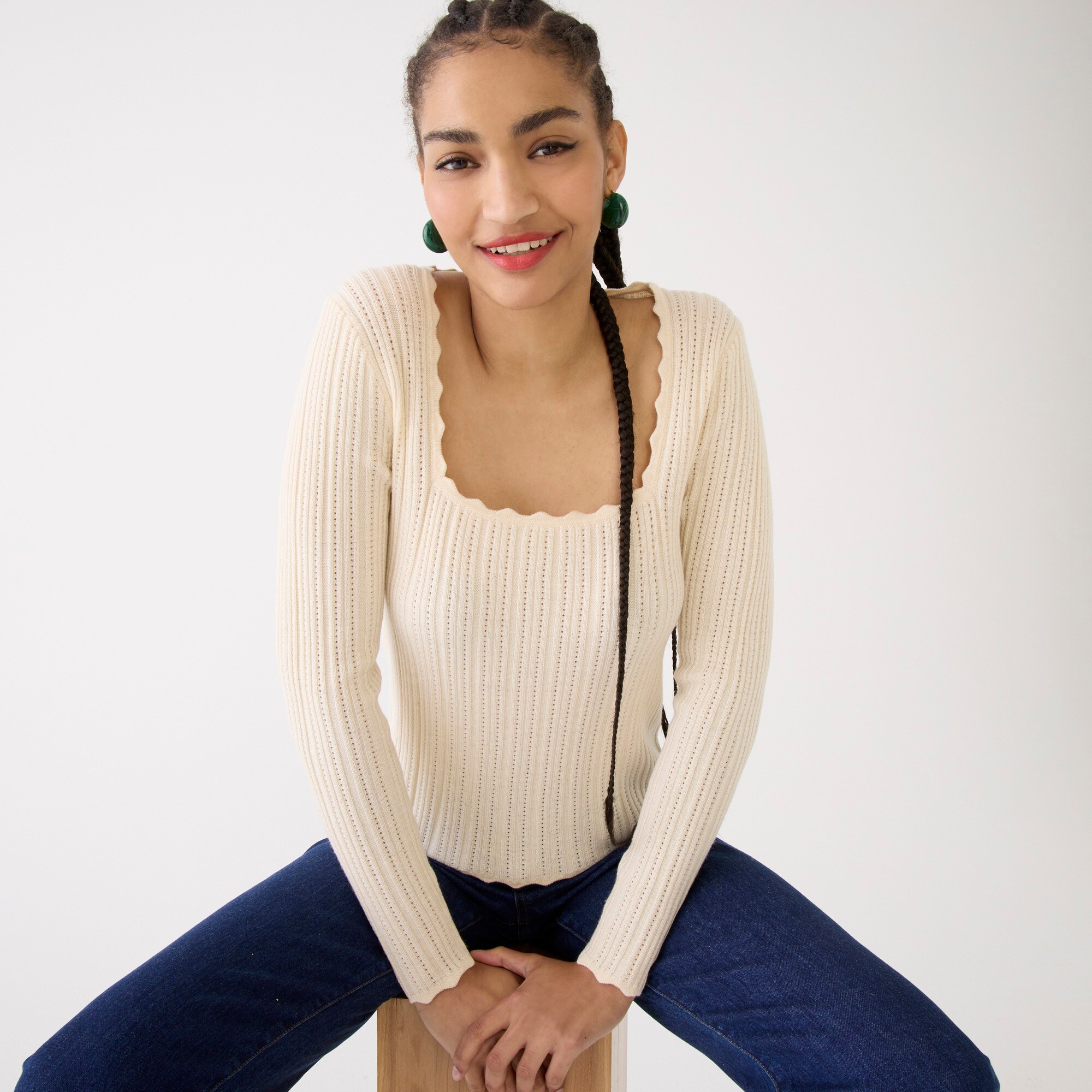 J.Crew Scalloped squareneck pointelle sweater