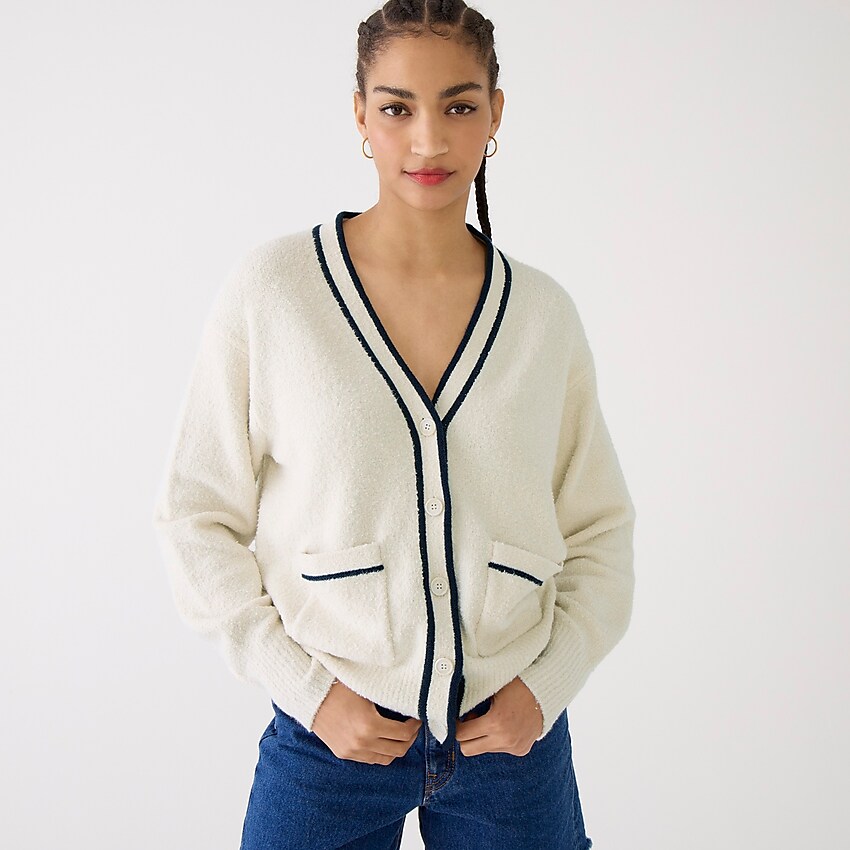 j.crew: cotton bouclé v-neck cardigan sweater for women, right side, view zoomed