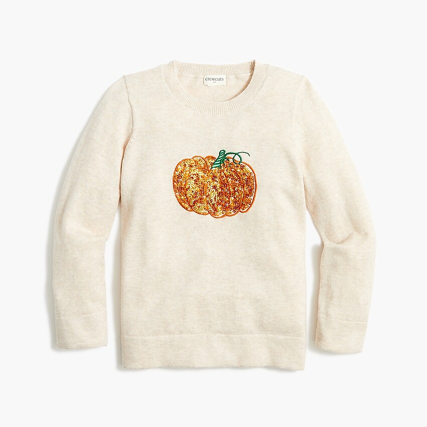 factory: girls' sequin pumpkin teddie sweater for girls, right side, view zoomed
