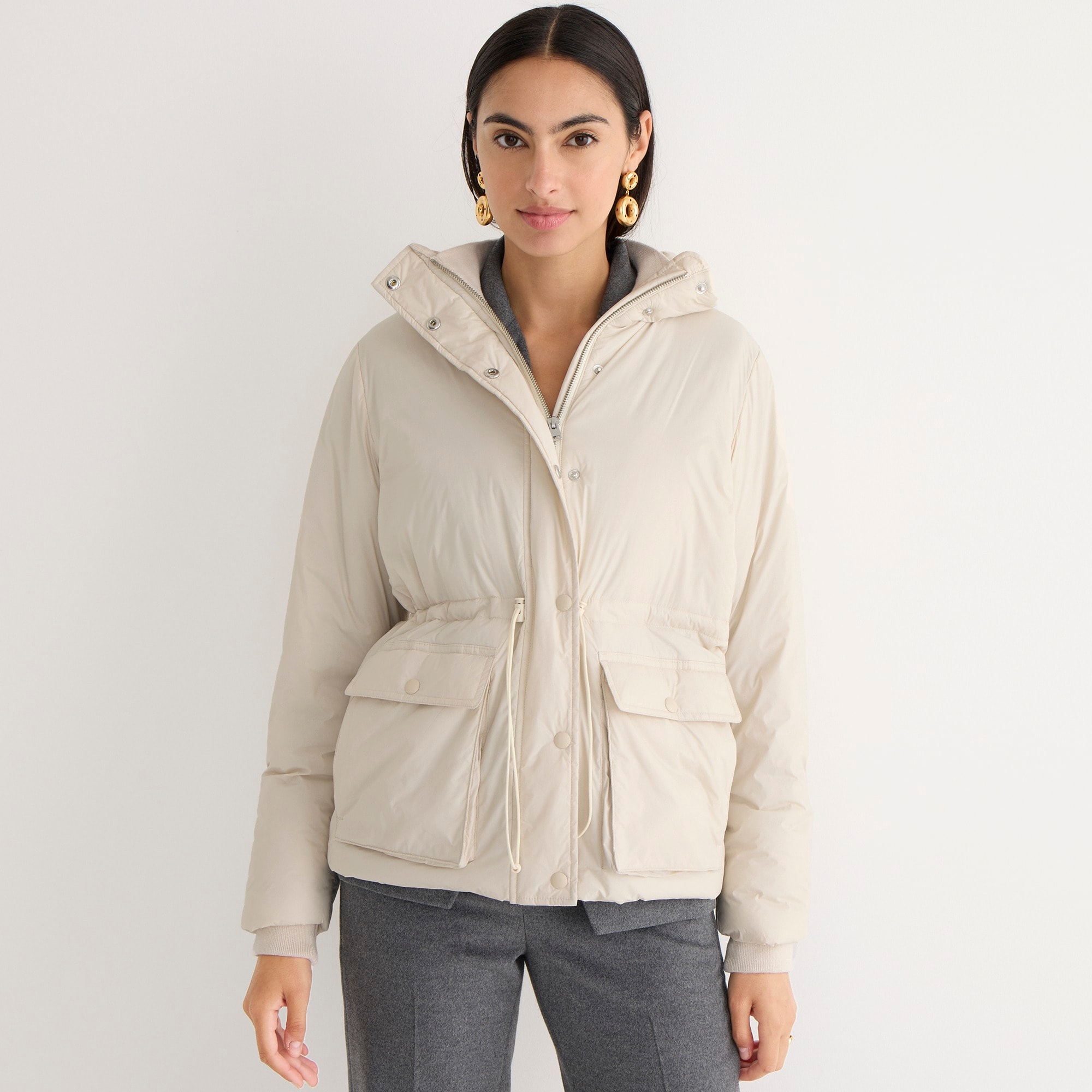 J.Crew Lightweight cinched-waist puffer jacket in Dusty Ivory