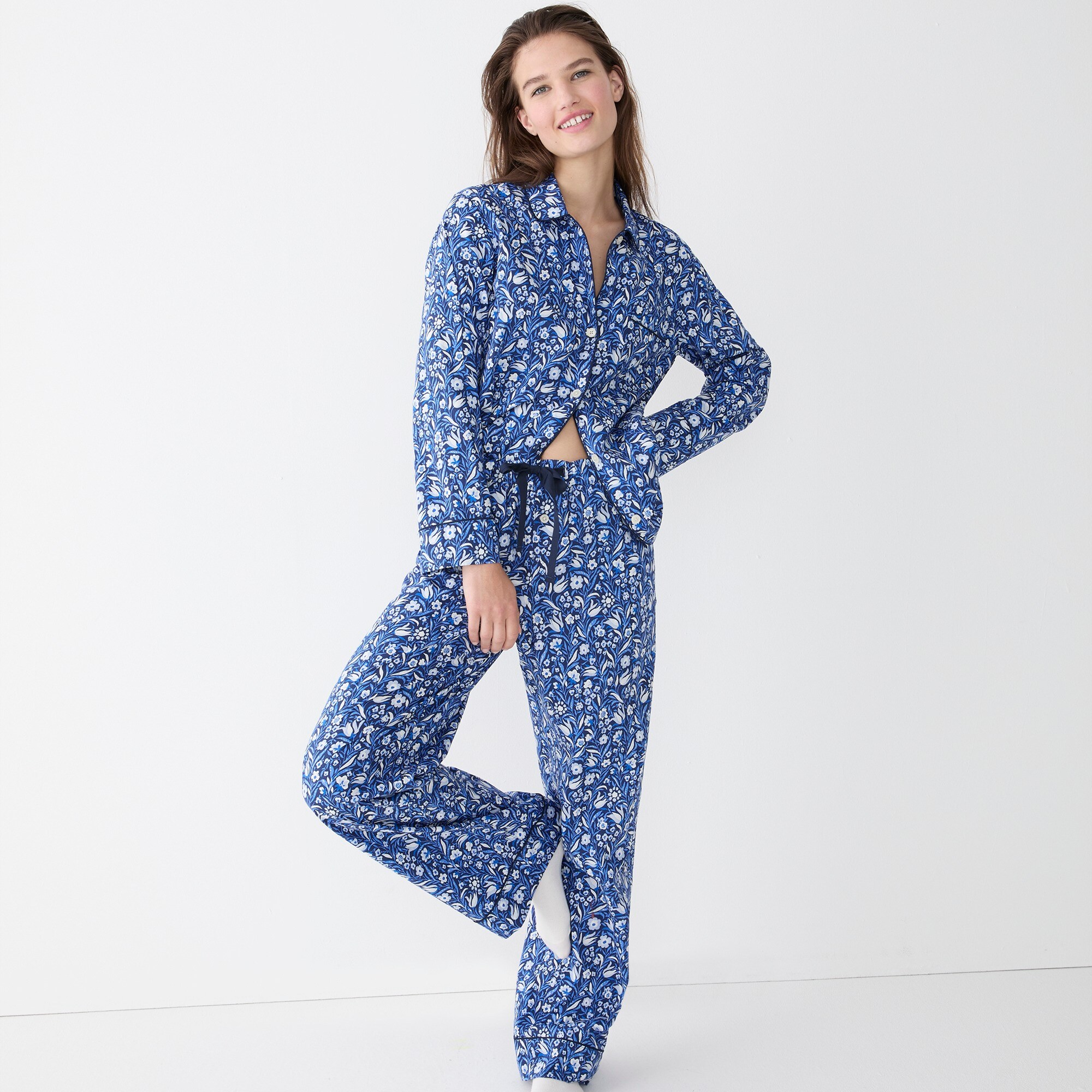 J.Crew: Long-sleeve Cotton Poplin Pajama Set In Floral Flourish For Women