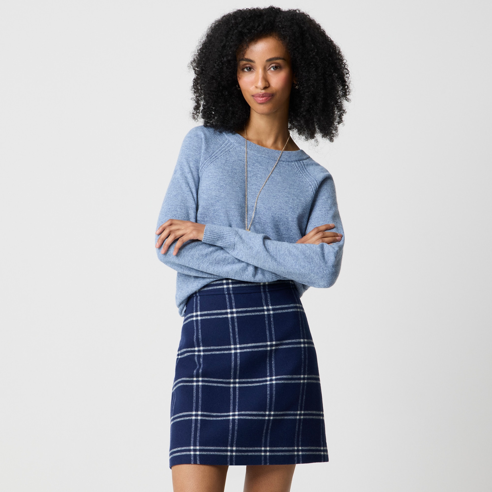 Knee Length Plaid Skirt Navy Blue Plaid Wool-blend A-line Mini