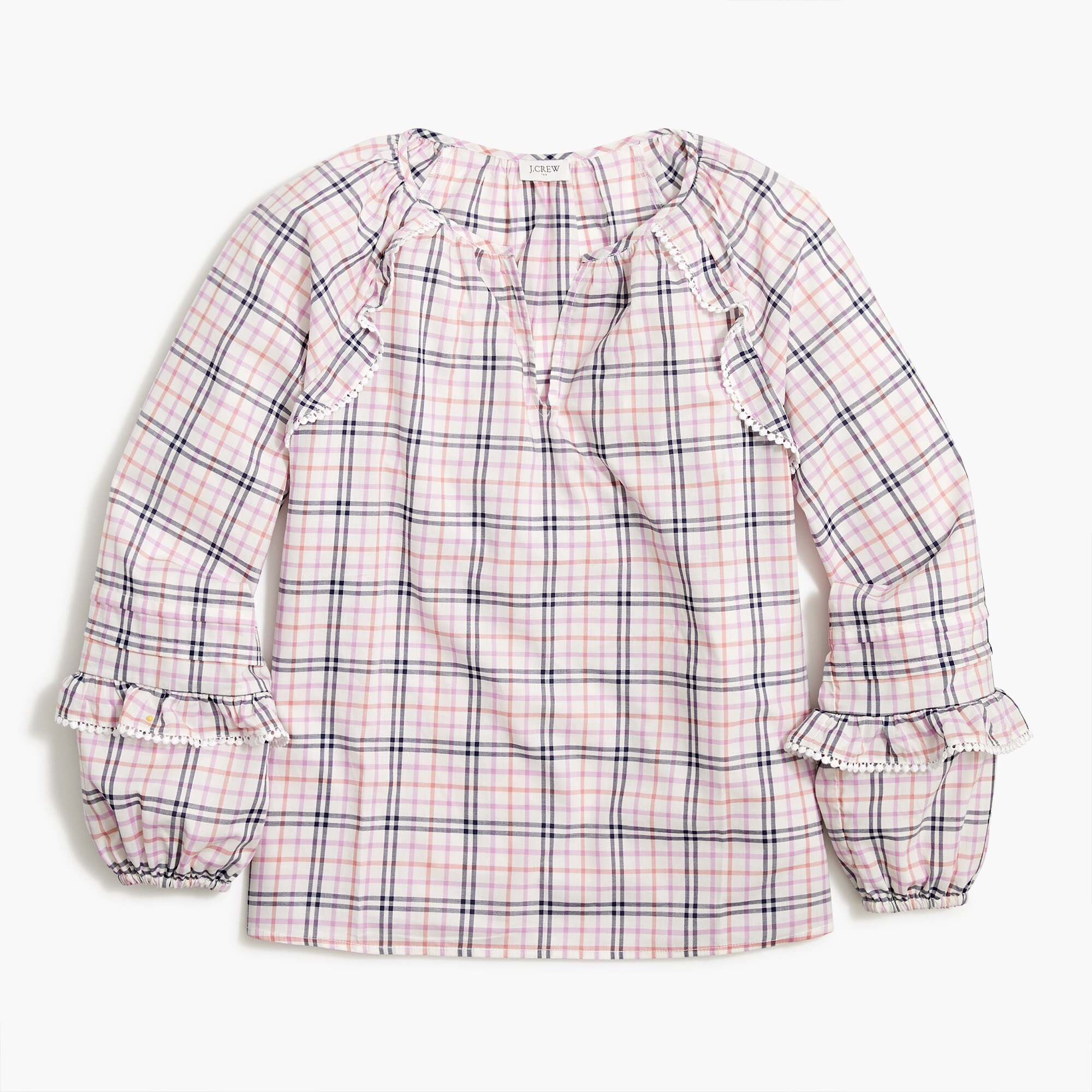 plaid ruffle-trim peasant top for women