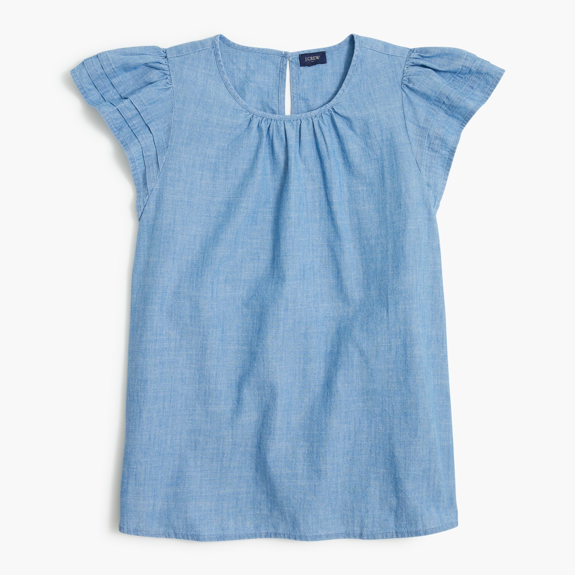 Chambray pintuck flutter-sleeve top