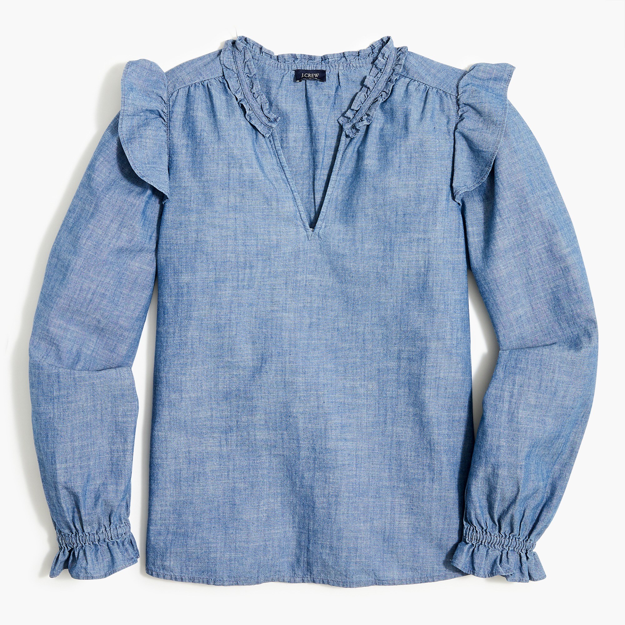 chambray ruffle-collar top for women