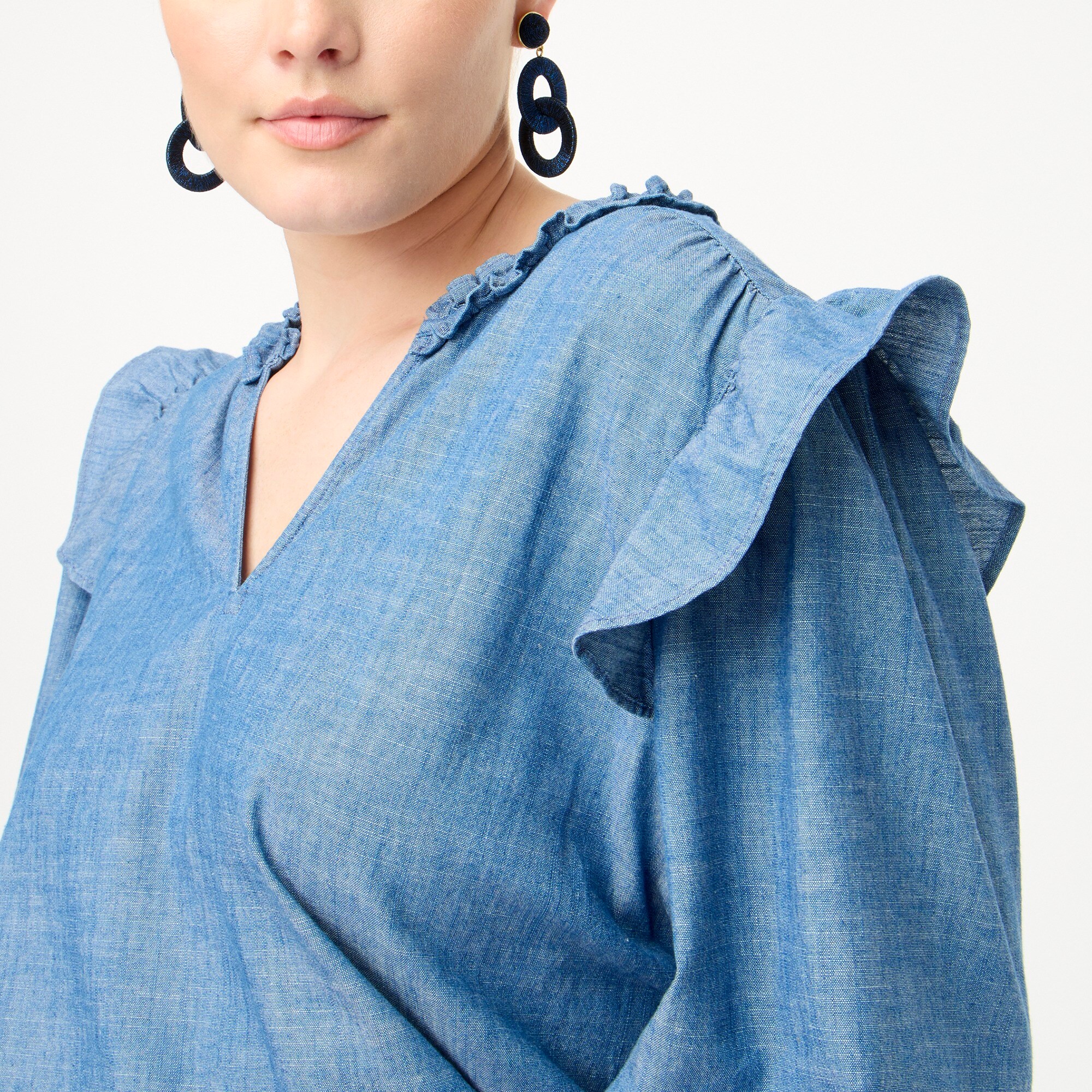 Chambray Ruffle Bell Longsleeve Bardot Crop Top