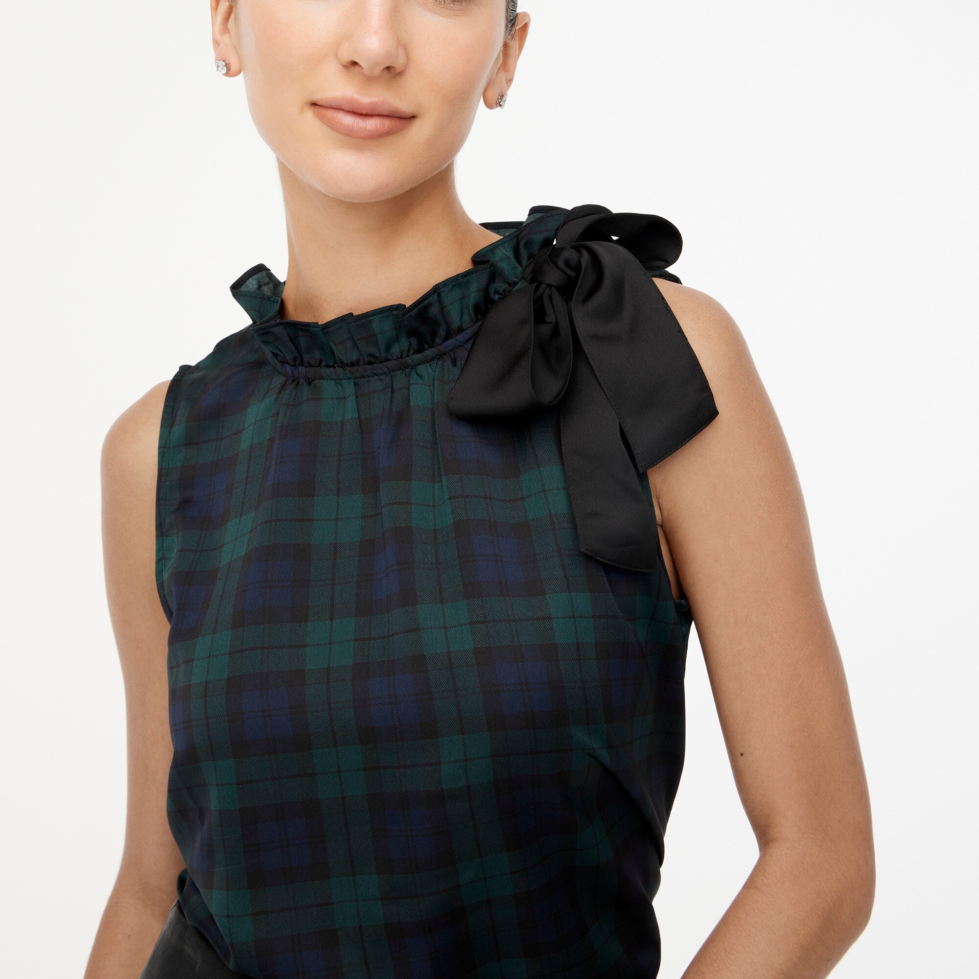 Black Watch plaid bow-neck ruffle top