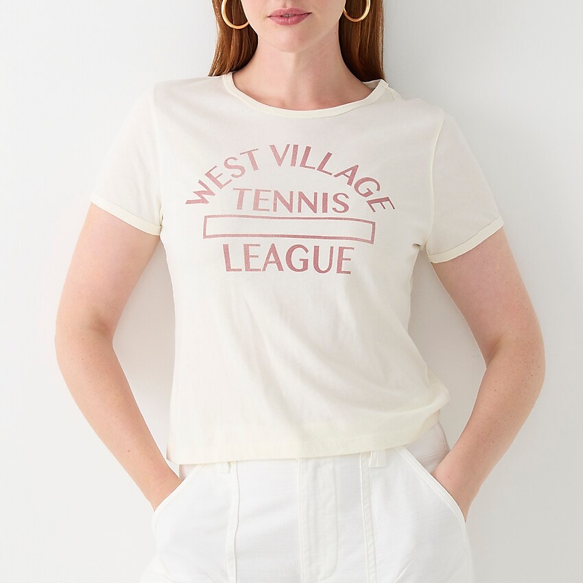 j.crew: broken-in jersey "west side tennis league" cropped t-shirt for women, right side, view zoomed