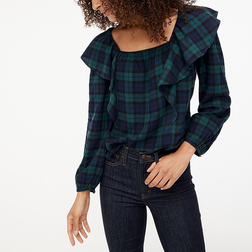 factory: flannel squareneck ruffle top for women, right side, view zoomed