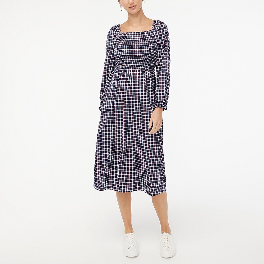 factory: flannel squareneck smocked midi dress for women, right side, view zoomed