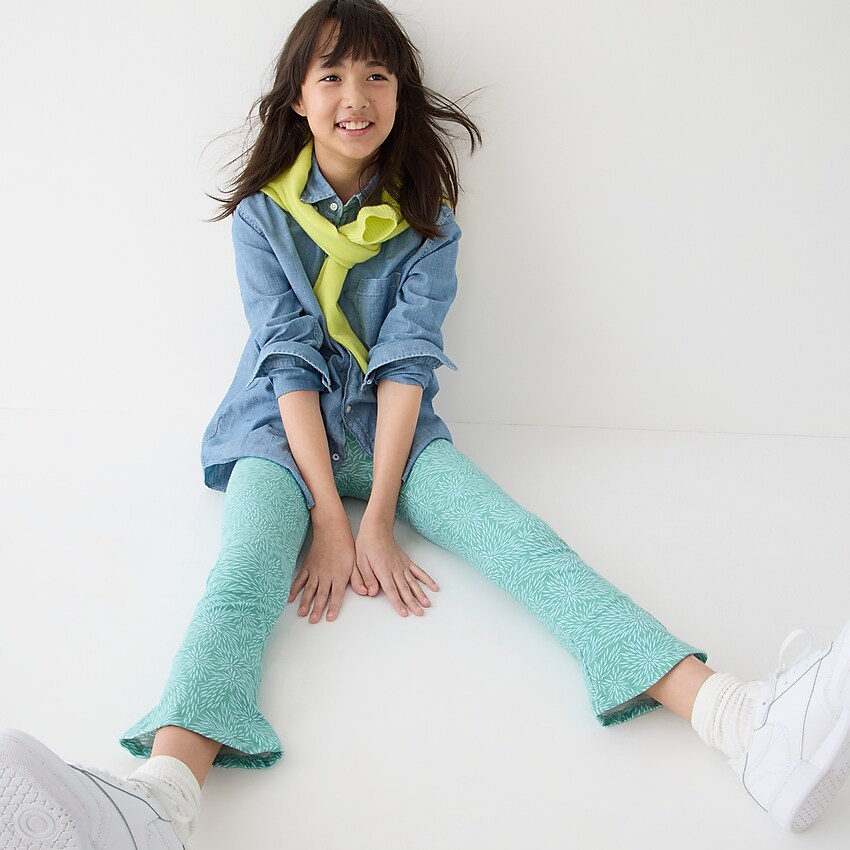 j.crew: limited-edition julia chiang x j.crew kids&apos; printed flare leggings for girls, right side, view zoomed