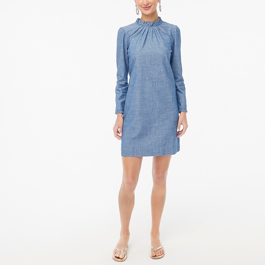 factory: chambray ruffleneck shift dress for women, right side, view zoomed