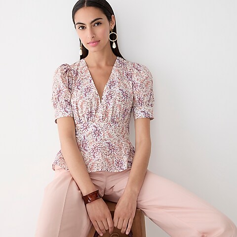 womens Puff-sleeve V-neck top in Ratti® paisley garden