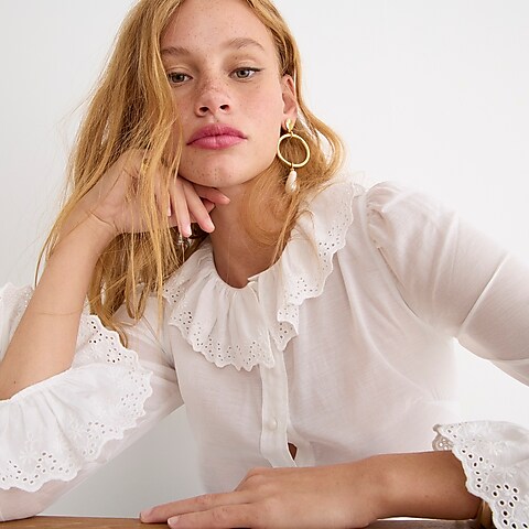 womens Embroidered ruffle-collar top with eyelet
