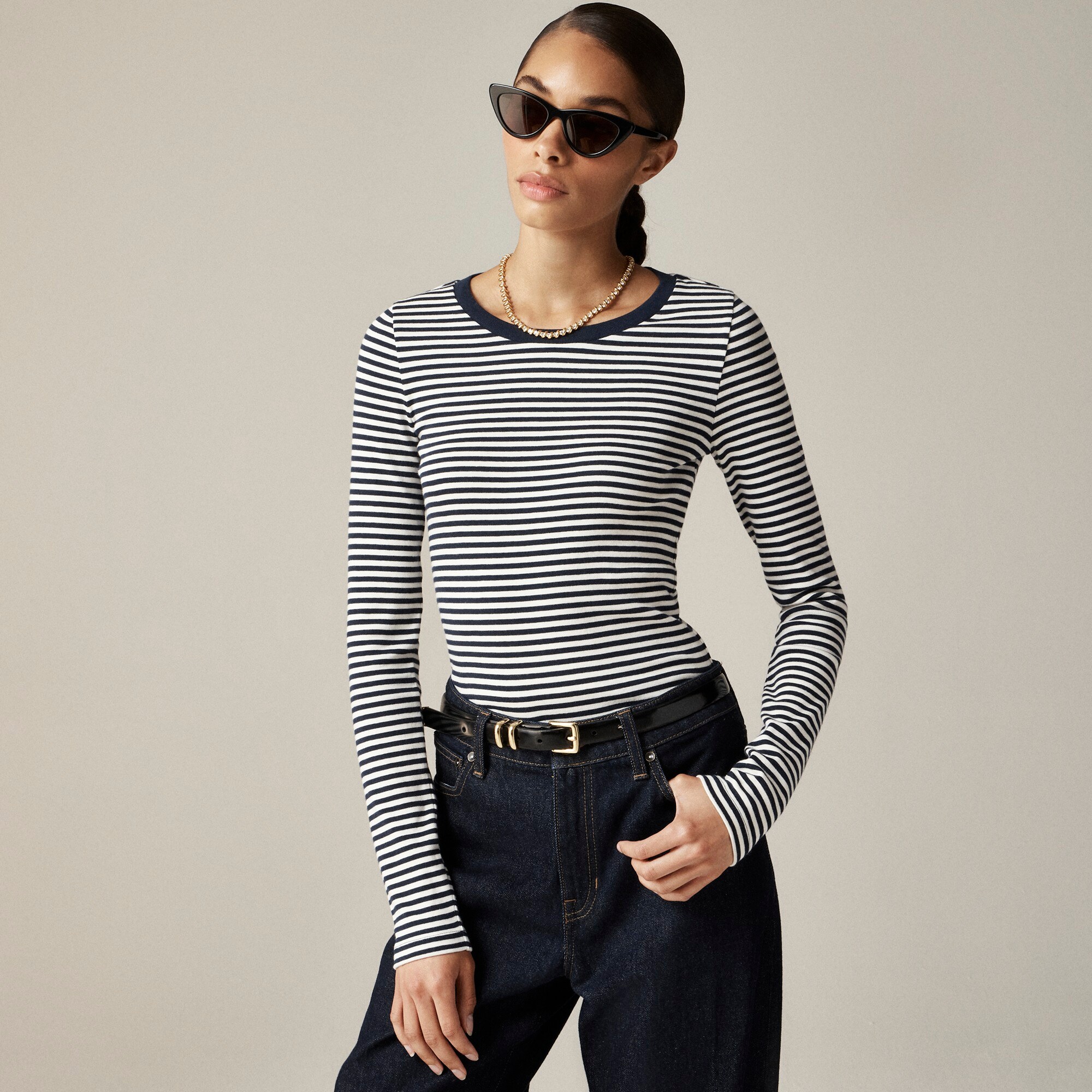 Perfect-fit long-sleeve crewneck T-shirt in stripe