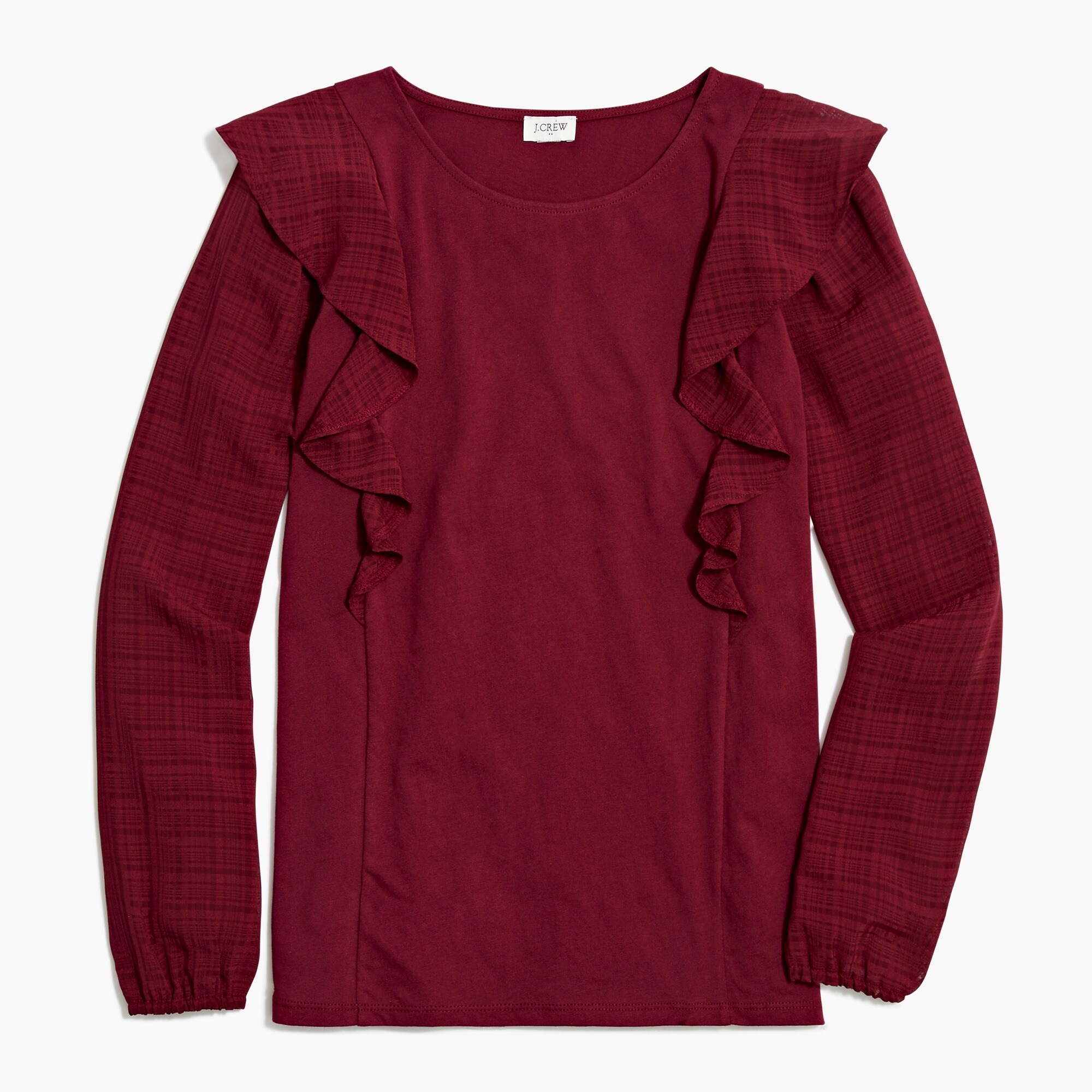 ruffle-shoulder top with plaid jacquard sleeves for women