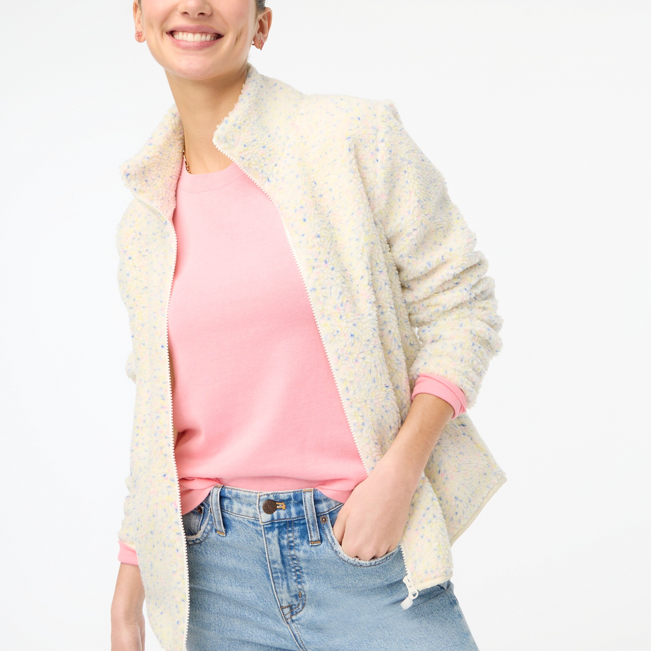factory: flecked sherpa full-zip pullover for women, right side, view zoomed