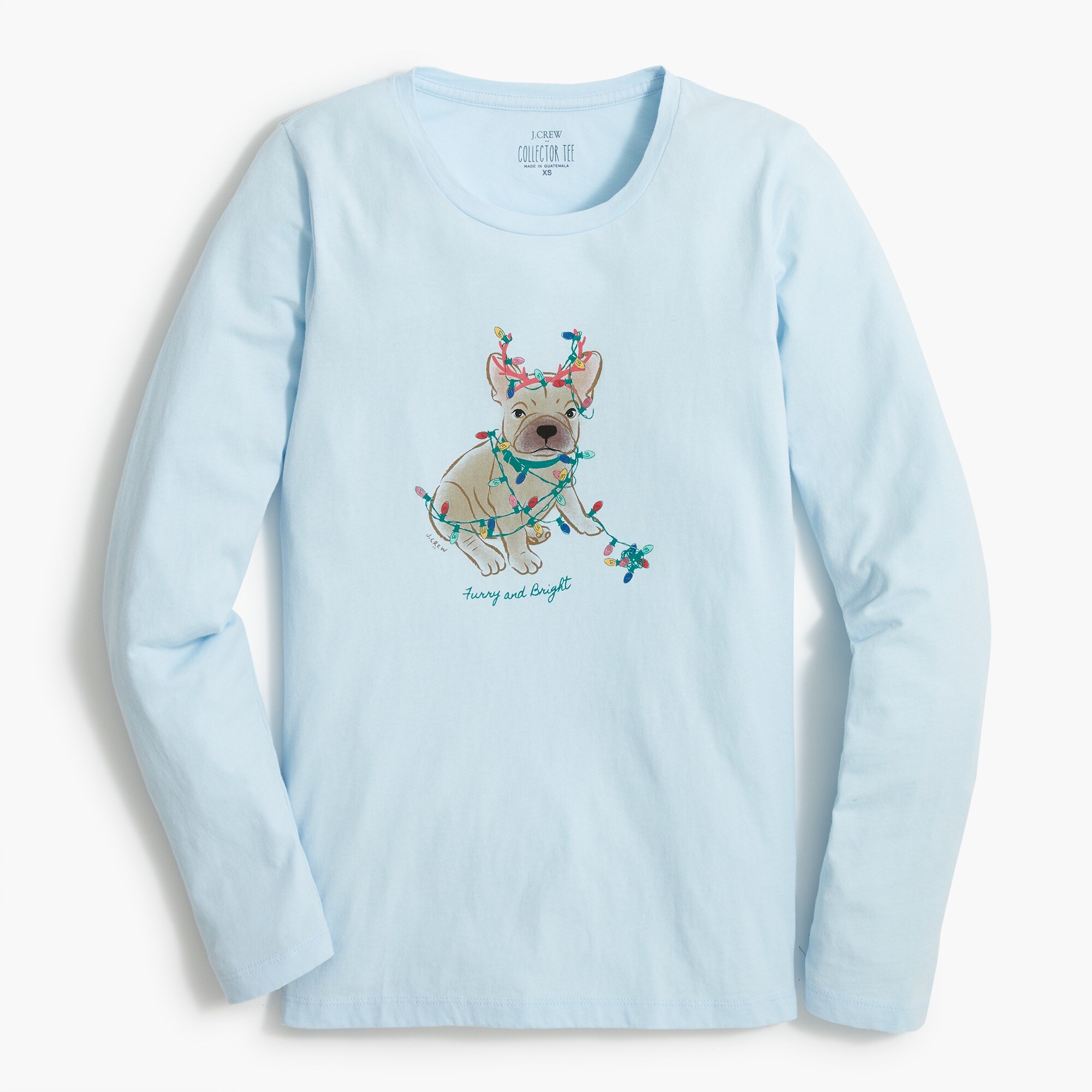 long-sleeve dog with holiday lights graphic tee for women