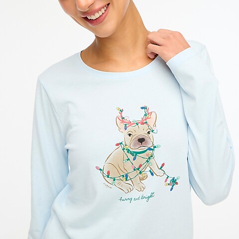 womens Long-sleeve dog with holiday lights graphic tee