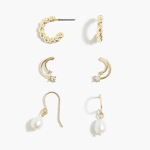 womens Moon pearls huggie hoop earrings set-of-three