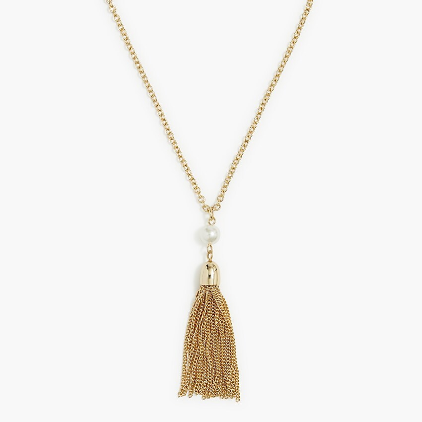 factory: gold and pearl tassel necklace for women, right side, view zoomed