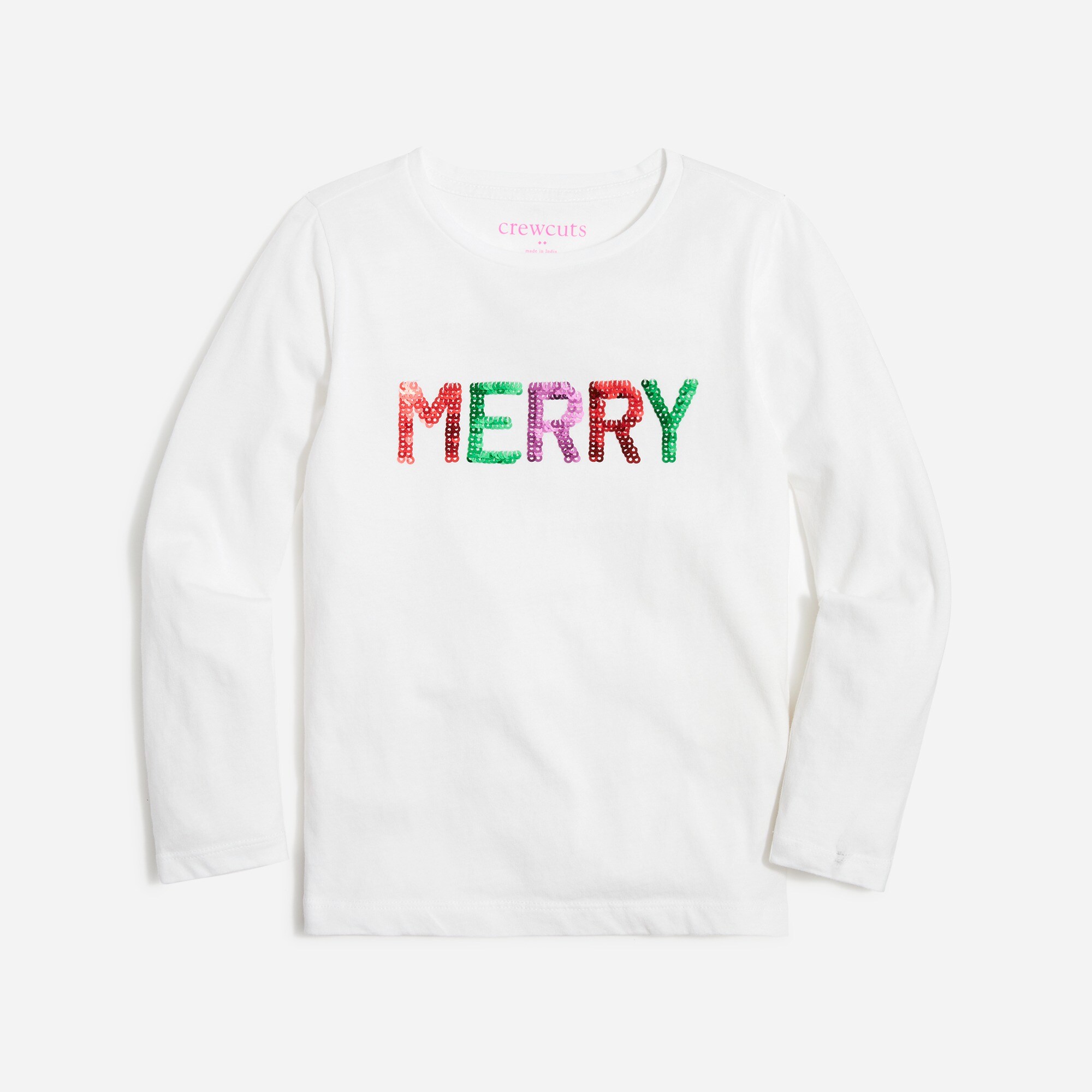 Girls' long-sleeve sequin "merry" graphic tee