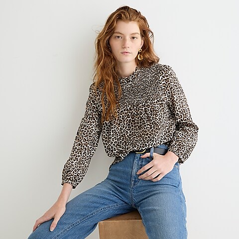 womens Smocked button-back top in leopard print