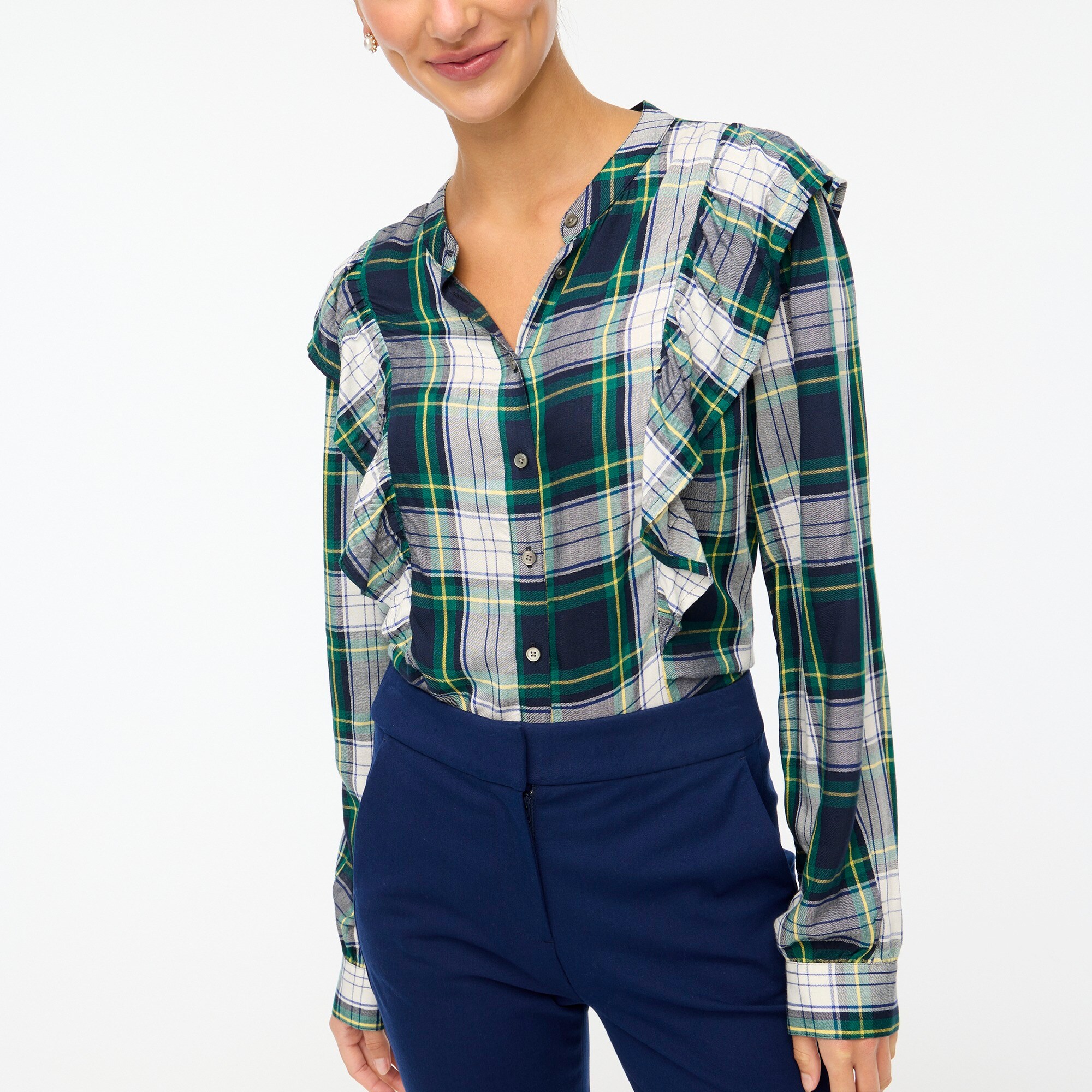 Ruffle button-front top
