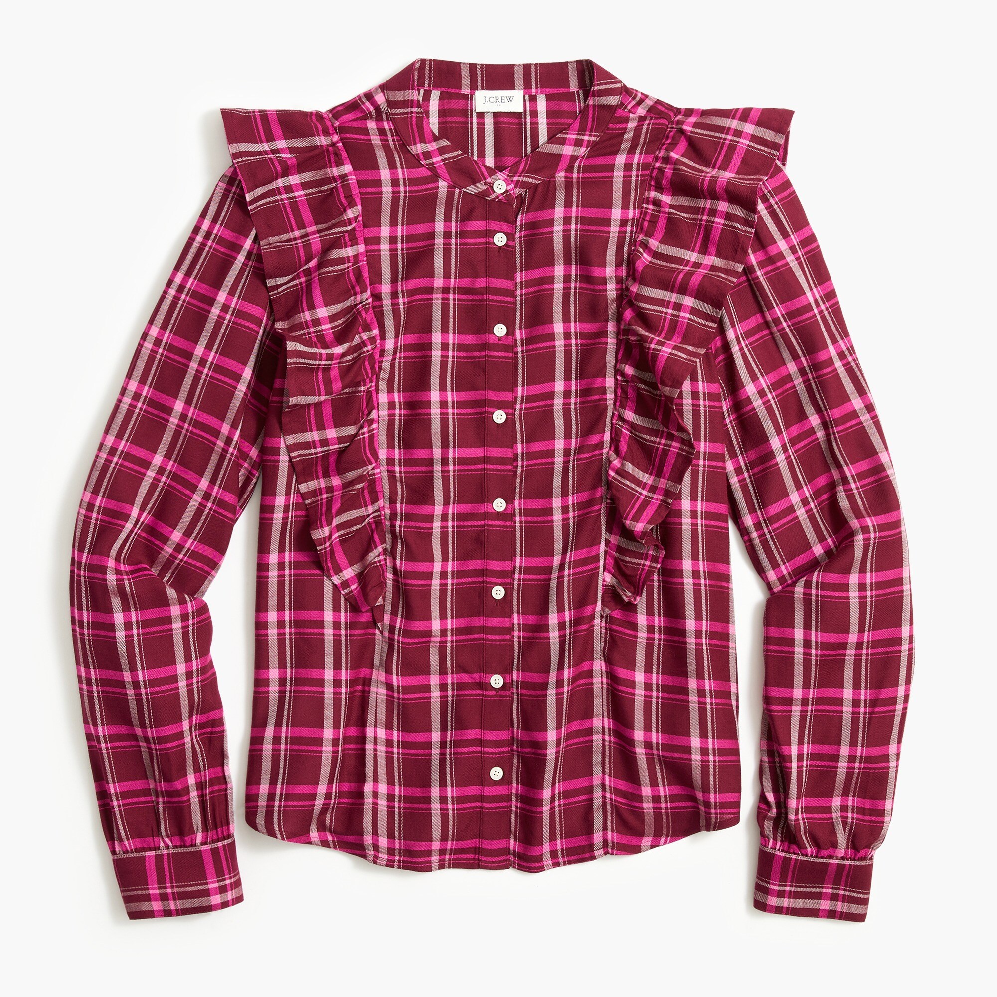 plaid ruffle button-front shirt for women