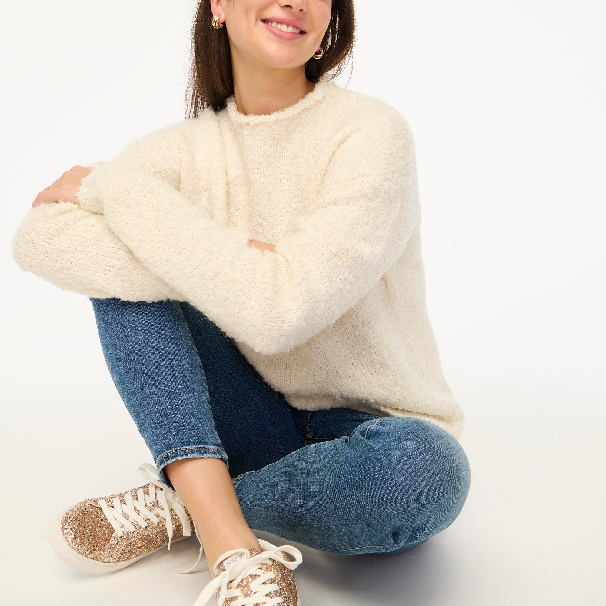 factory: boucl&eacute; mockneck sweater for women