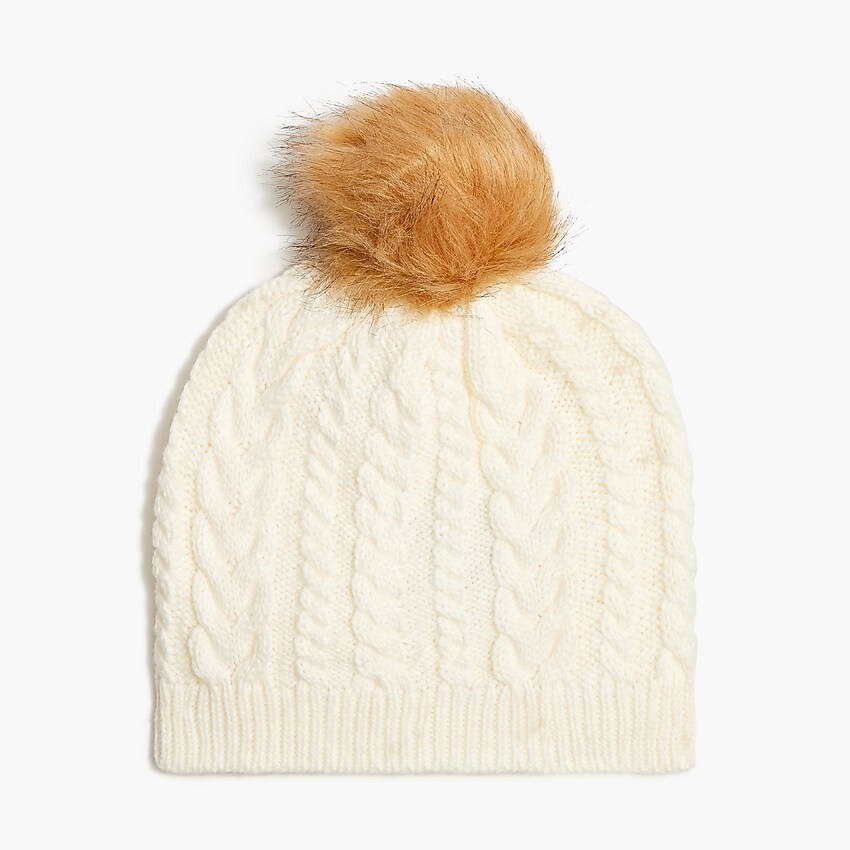 factory: cable pom-pom beanie hat for women, right side, view zoomed