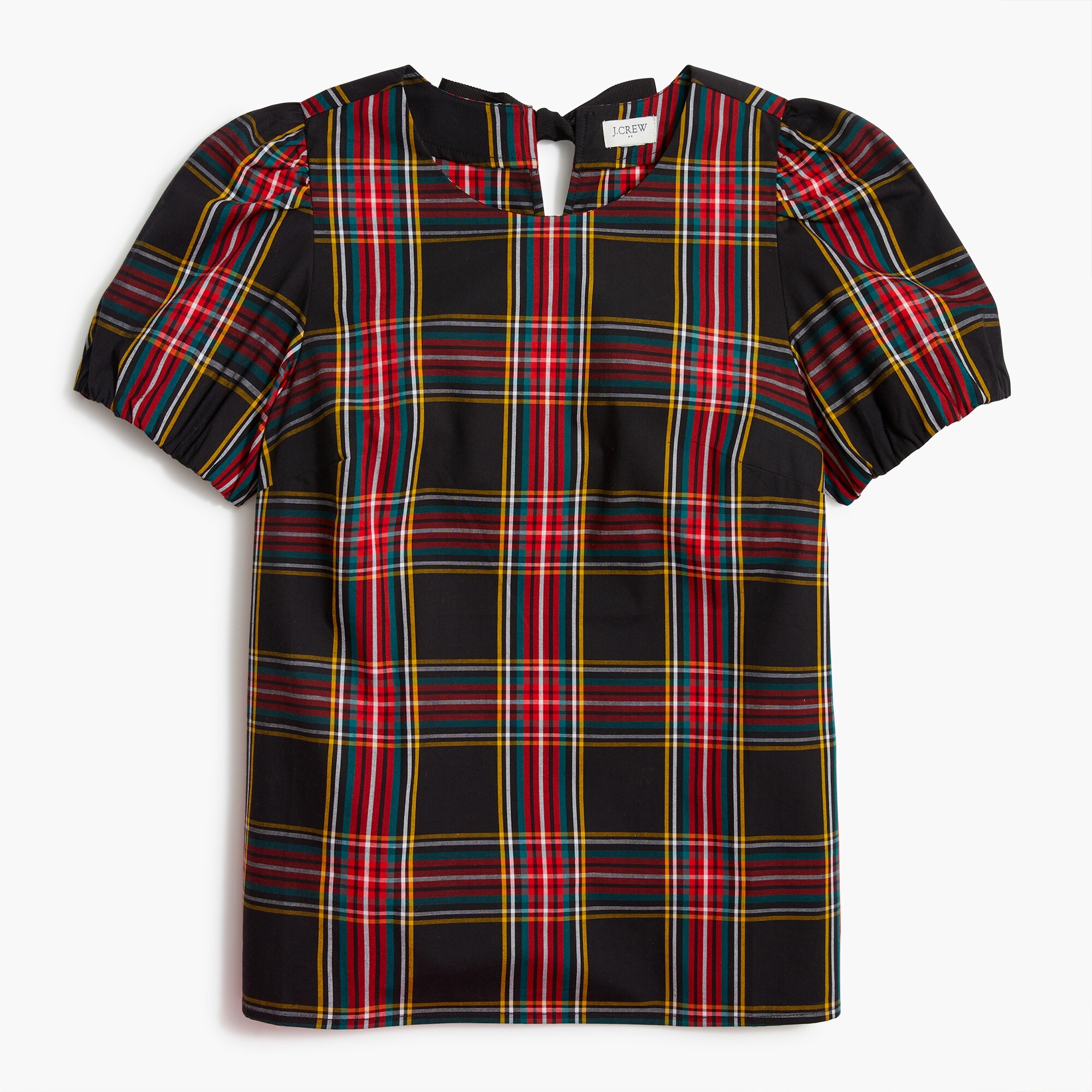 Tartan cotton-blend poplin puff-sleeve top