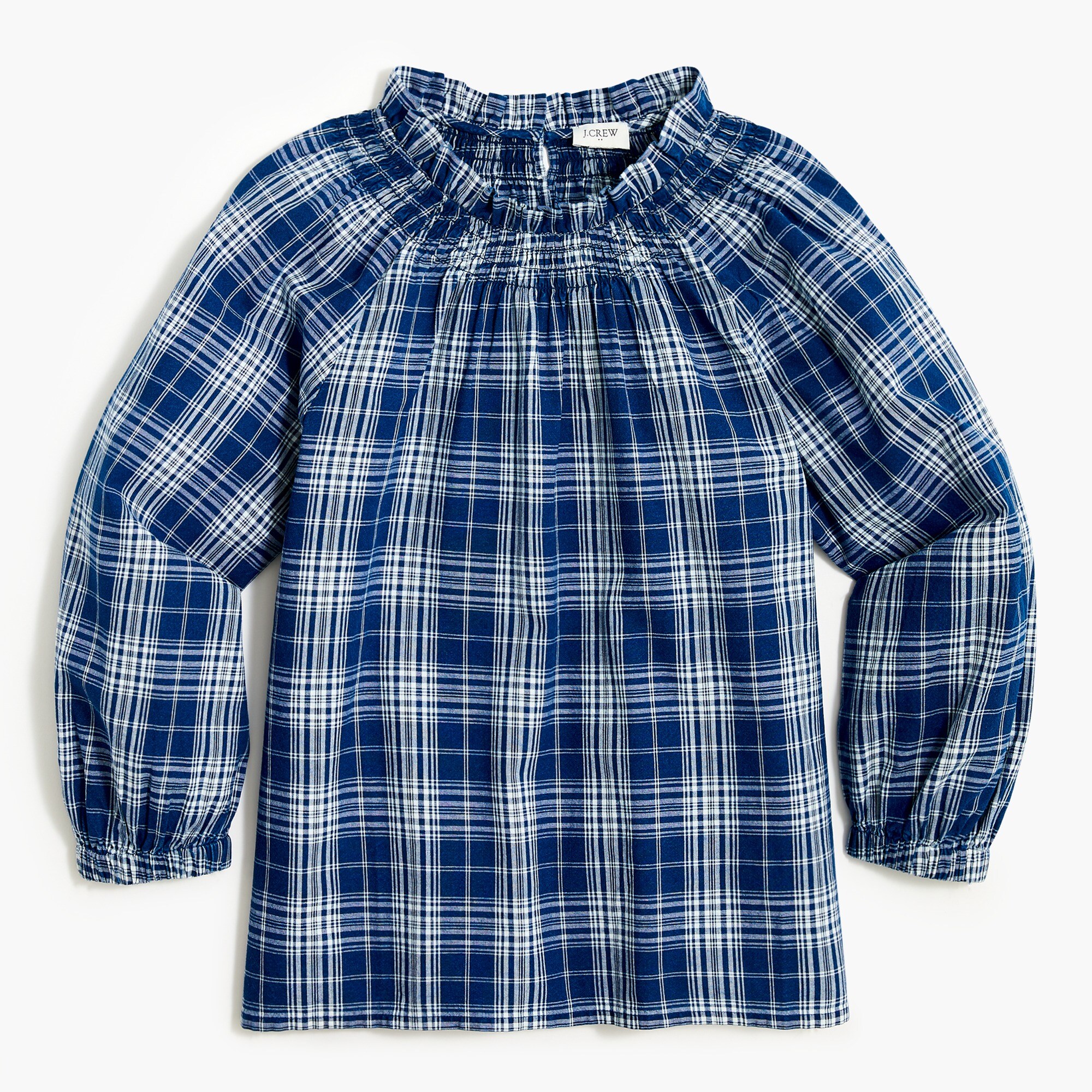 Plaid smocked ruffleneck top
