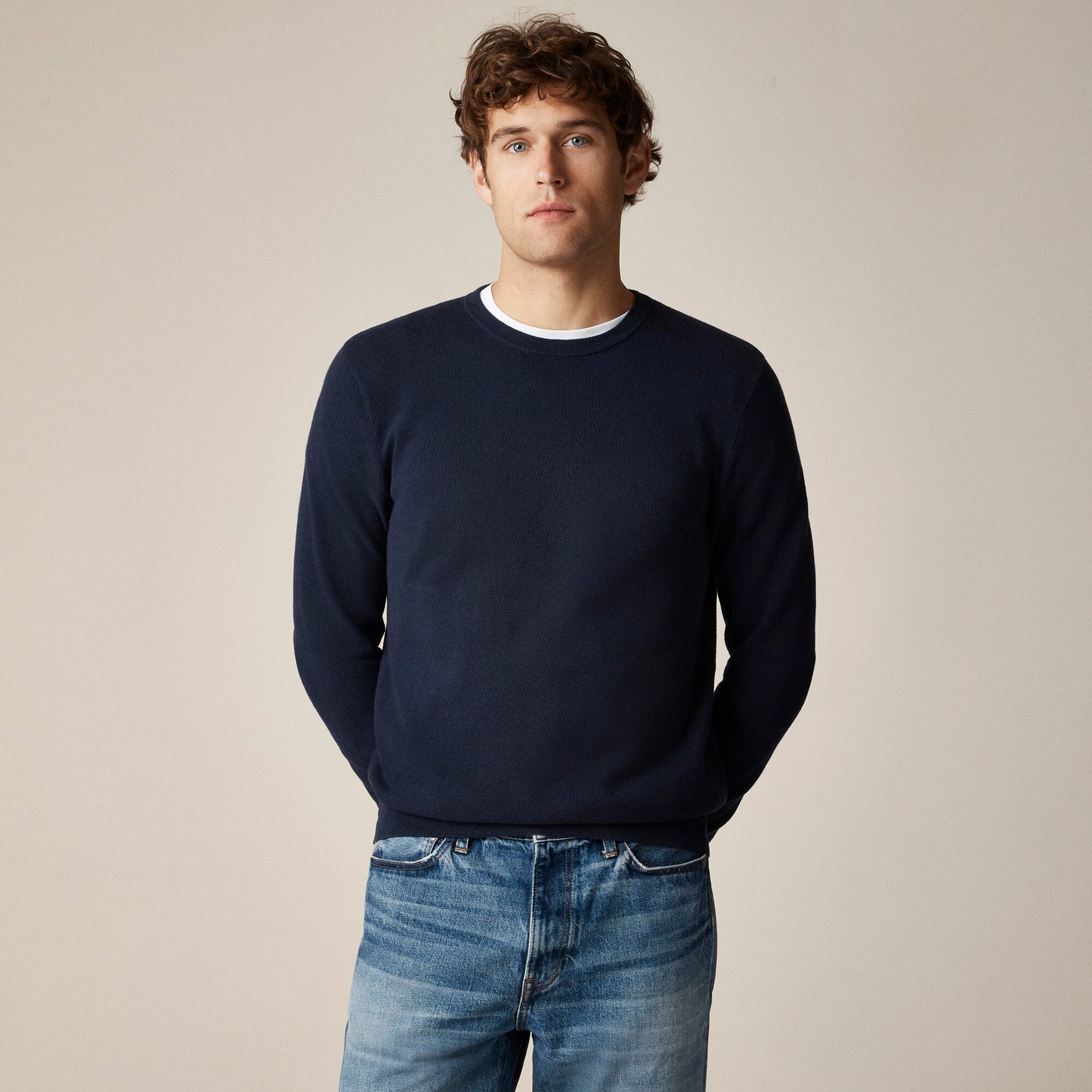 Cotton piqué-stitch crewneck sweater