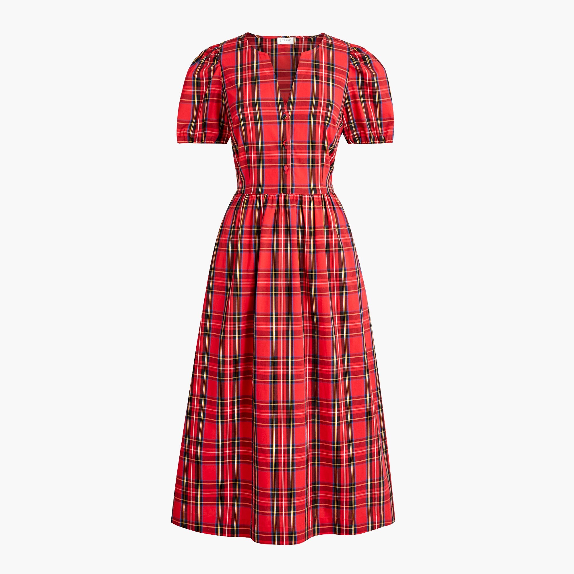Tartan puff-sleeve cotton-blend poplin dress