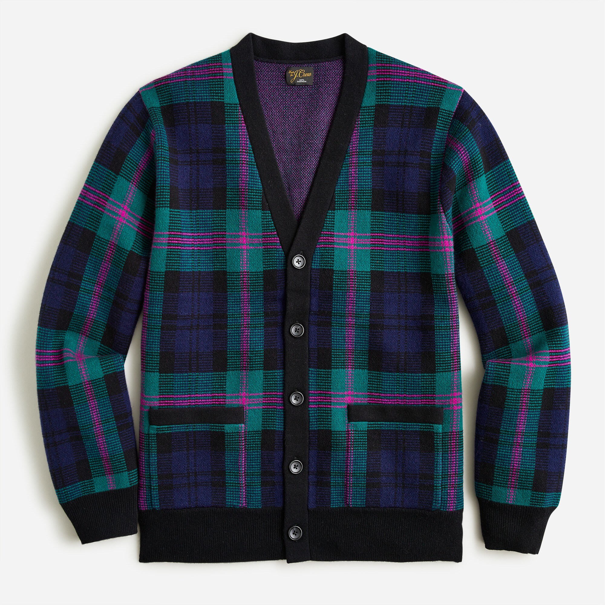 Cashmere cardigan sweater in Black Watch