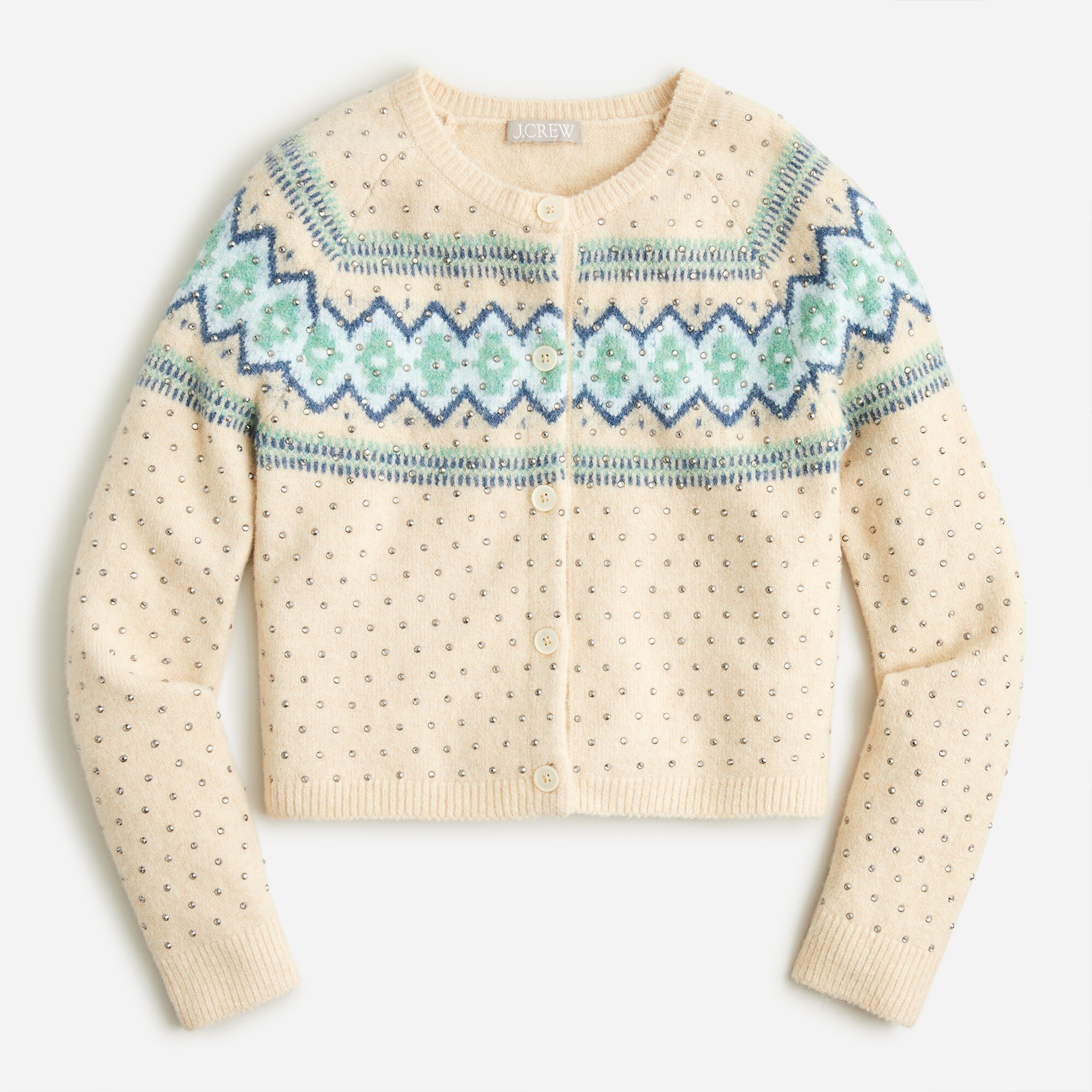 Crystal-embellished Fair Isle cardigan sweater in Supersoft yarn