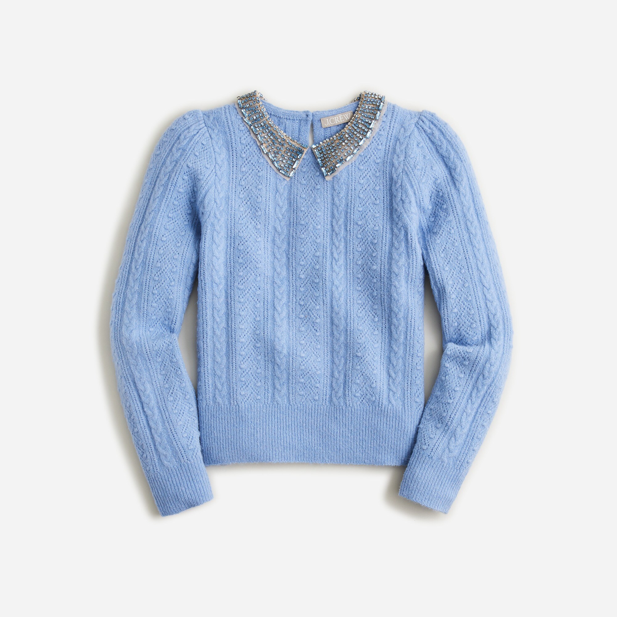 Pointelle cable-knit crewneck with beaded collar
