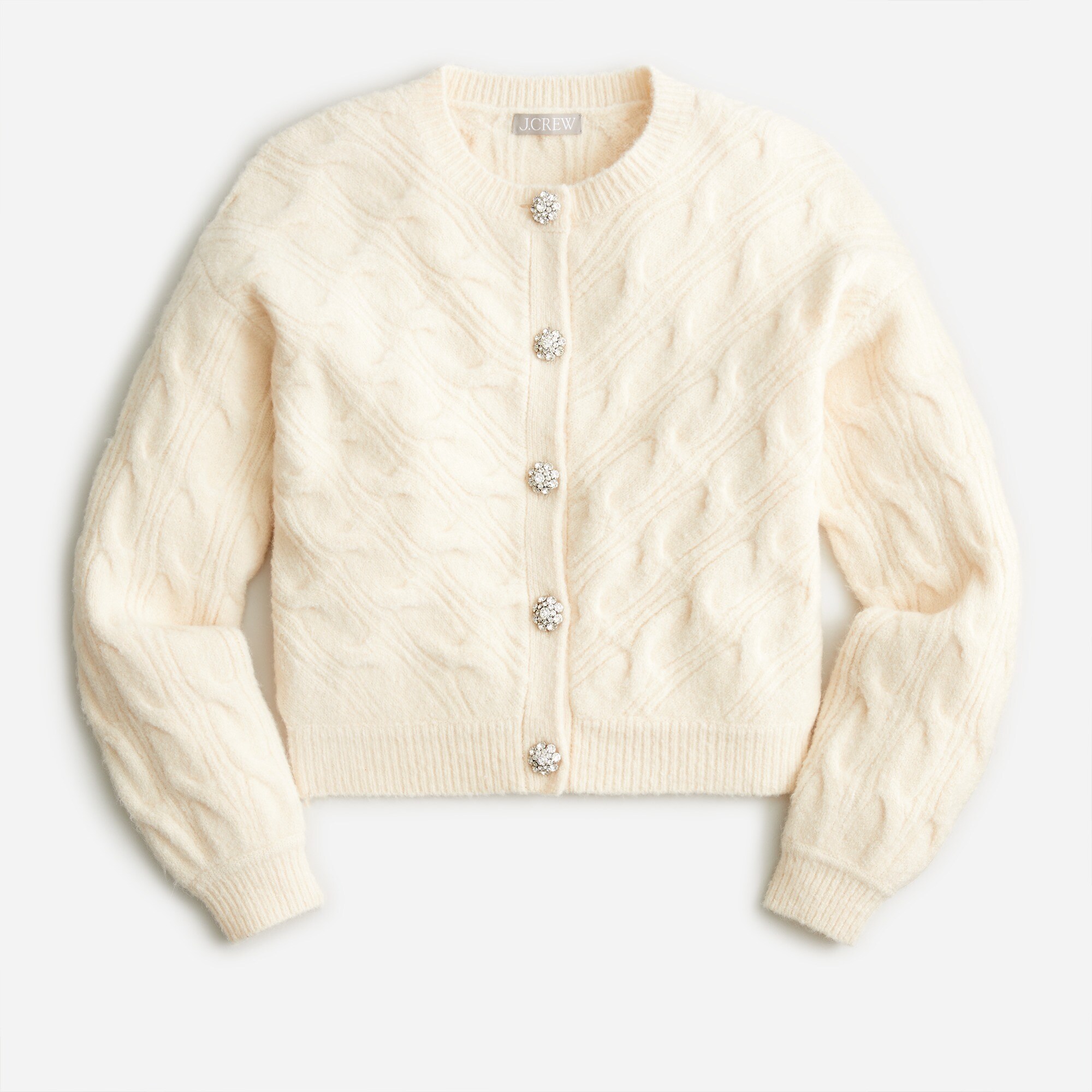 Cable-knit cardigan sweater with jewel buttons