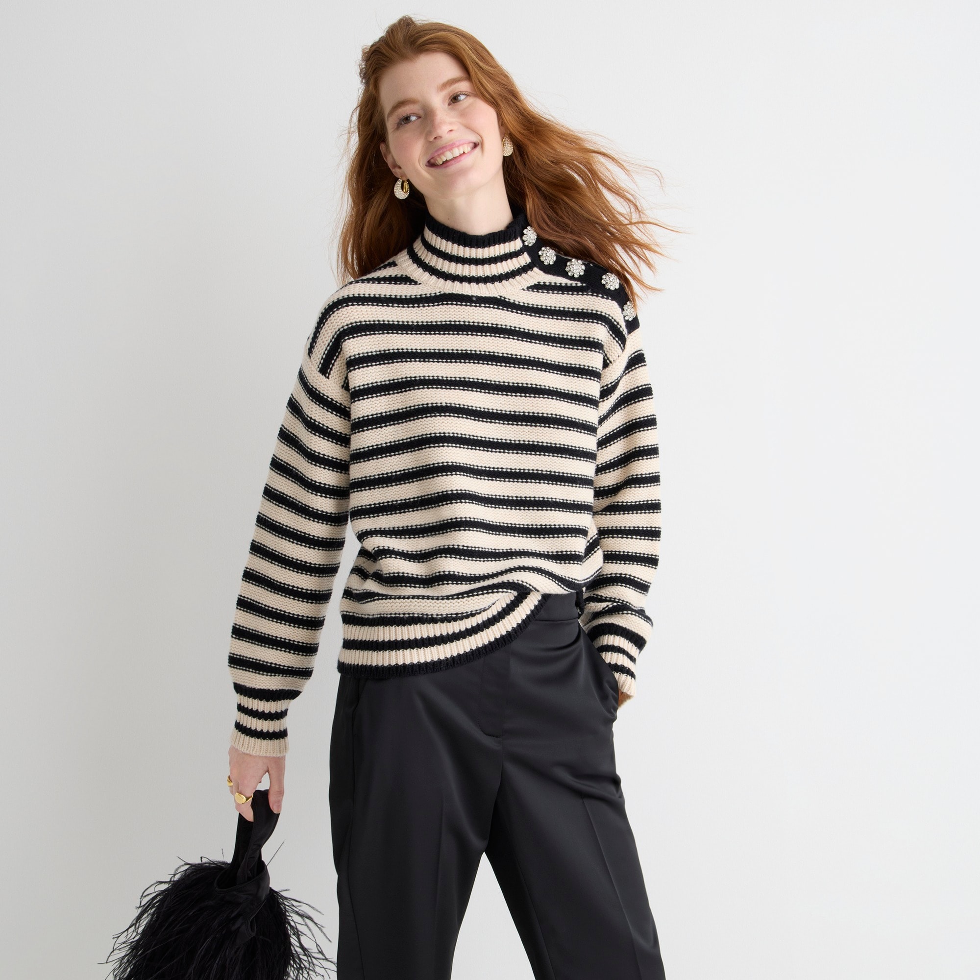 Cable-knit Mockneck Pullover In Stripe With Jewel Buttons For
